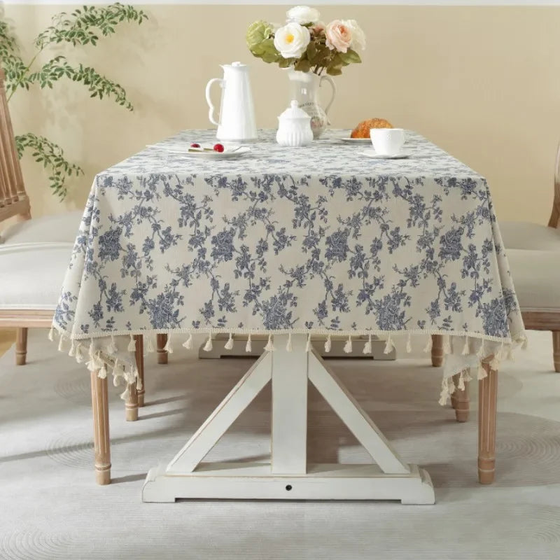 Caro-Nappe de table rectangulaire à fleurs bleues – Style bohème naturel