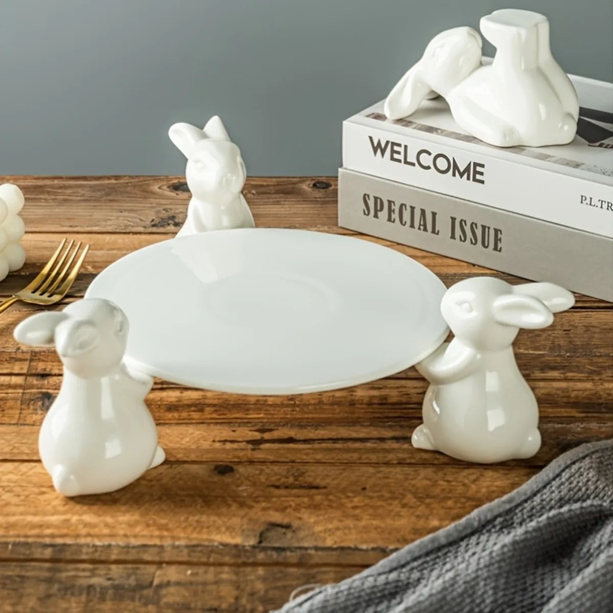 Rabbit-Plateau décoratif lapins en céramique – centre de table élégant