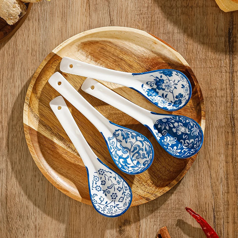 Dély-Cuillères à soupe en porcelaine bleu et blanc – lot de 4