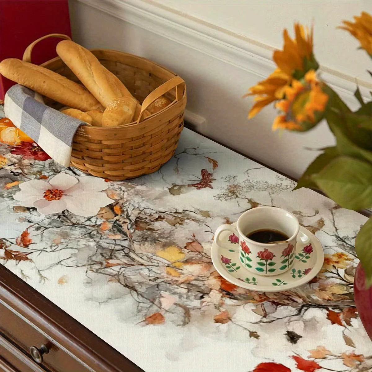 Chemin de table automnal – Citrouilles & fleurs aquarelle