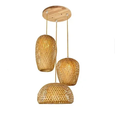 Ibiza-Suspension triple en bambou tressé – Luminaire naturel style Japandi