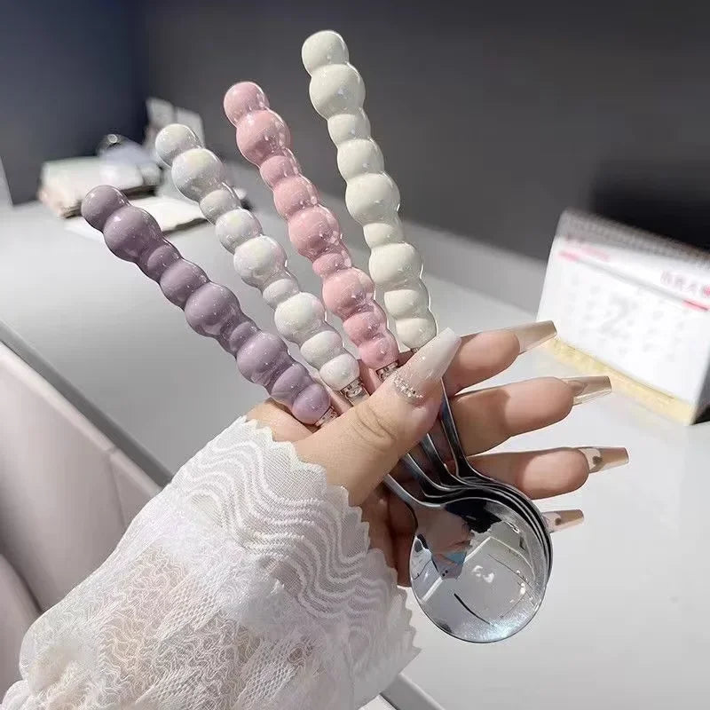 Luxa-Cuillère design à manche perlé en acier inoxydable finition dorée