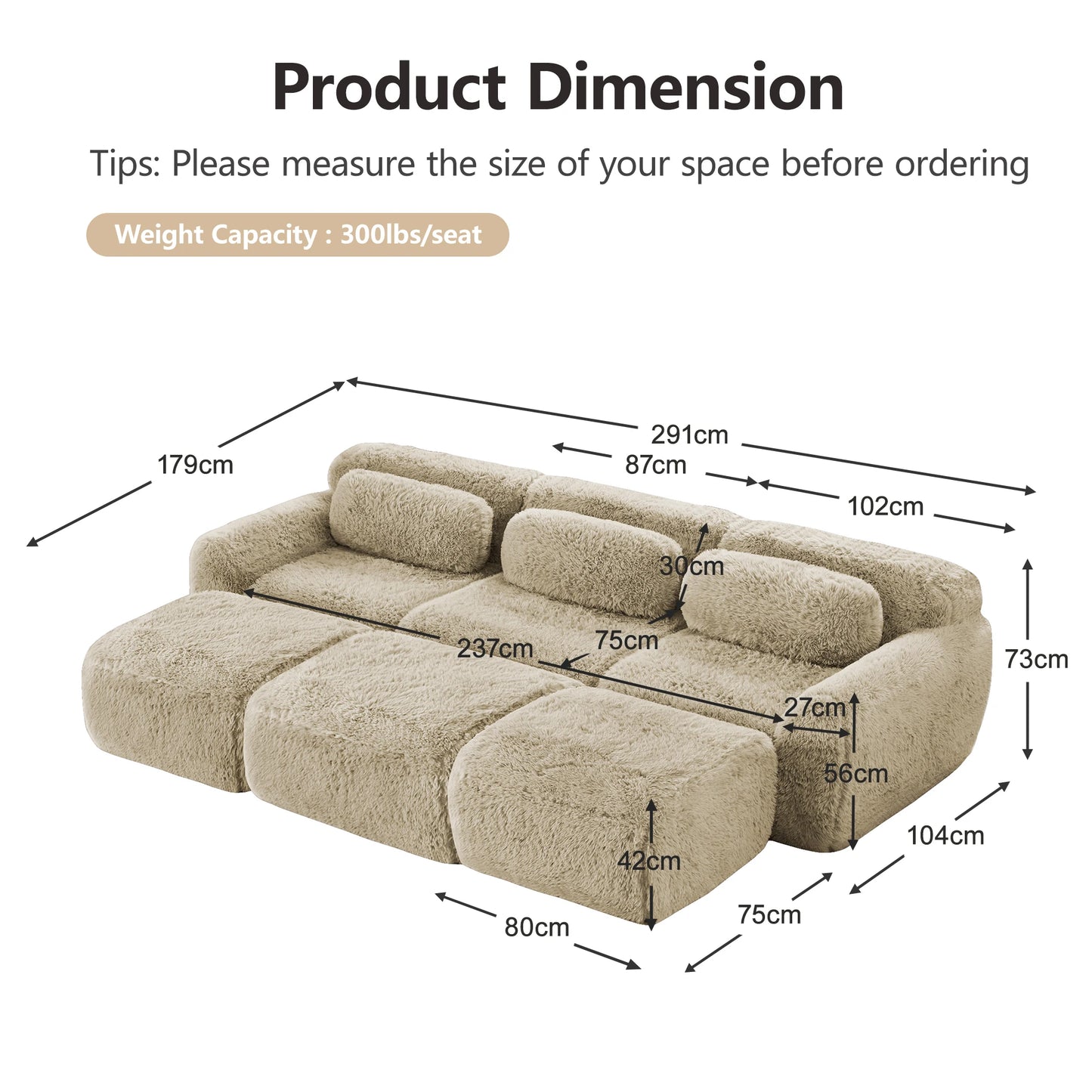 Léa-Canapé modulable 3 places en tissu bouclette avec poufs intégrés
