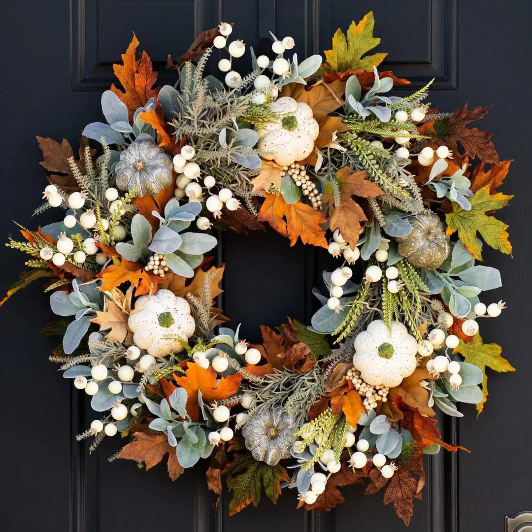 Couronne d’automne décorative – Citrouilles et feuillage aux tons chaleureux
