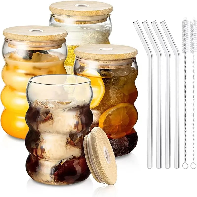 Vague-Verre ondulé avec couvercle, paille et goupillon – Lot de 2 ou 4 pièces
