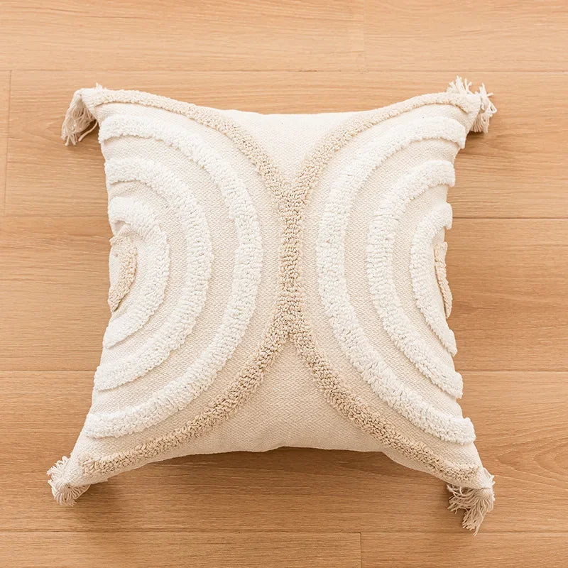 West-Housse de coussin beige à boucles, motif géométrique semi-circulaire, brodée et crochetée, pour canapé
