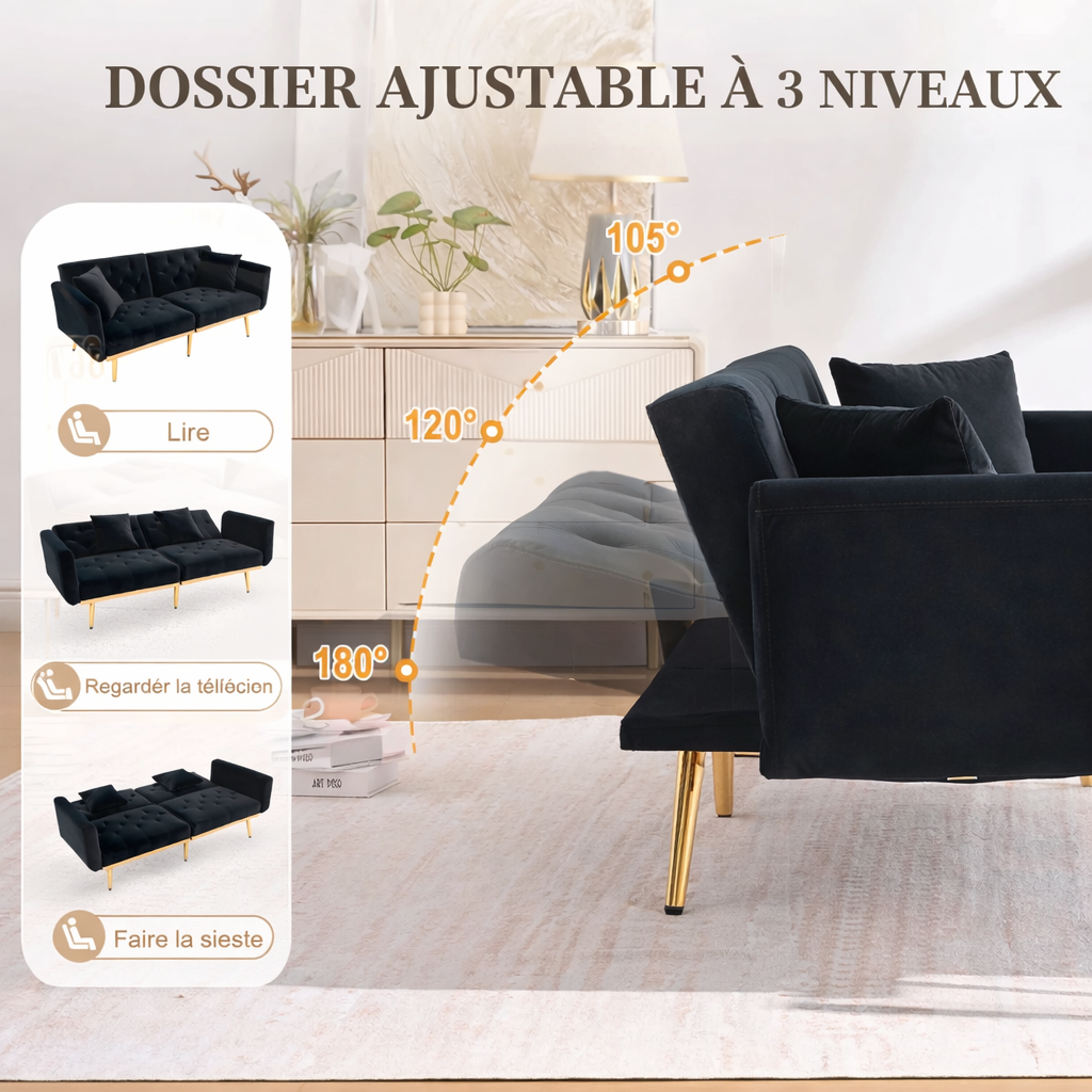 Elly-Canapé convertible 2 places en velours avec dossier réglable et pieds métal