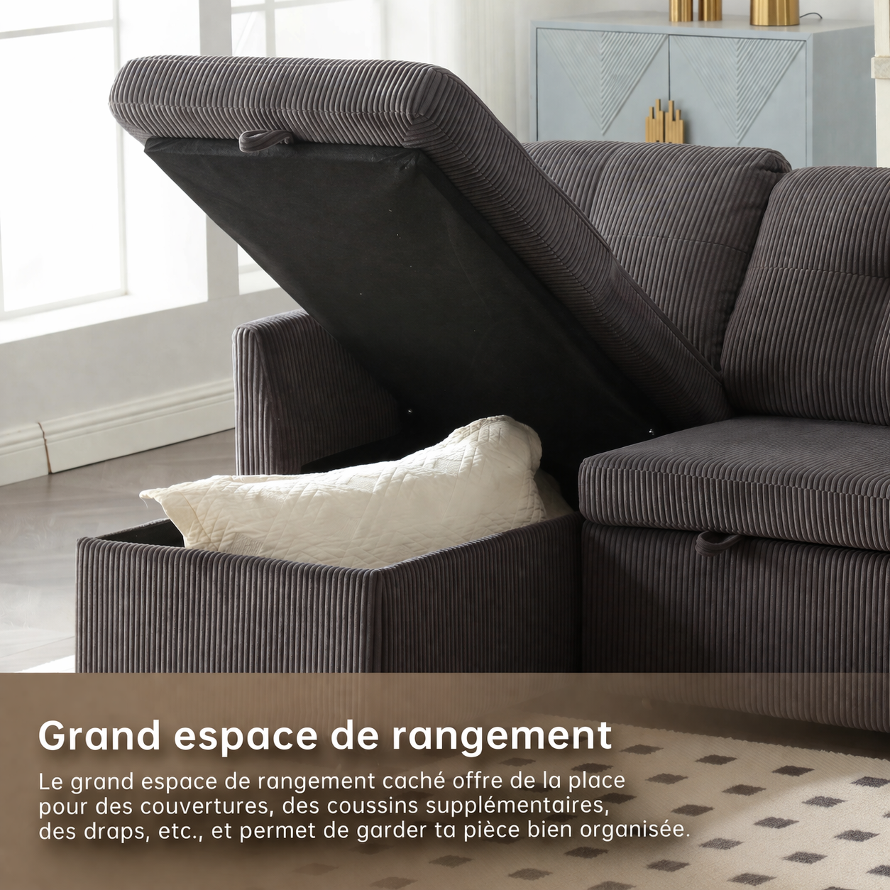Hugo-Canapé d’angle convertible modulable avec coffre de rangement gris foncé
