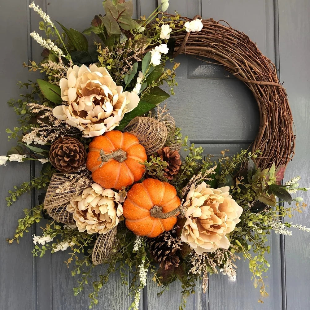 Couronne d’automne – Citrouilles, érable & fleurs