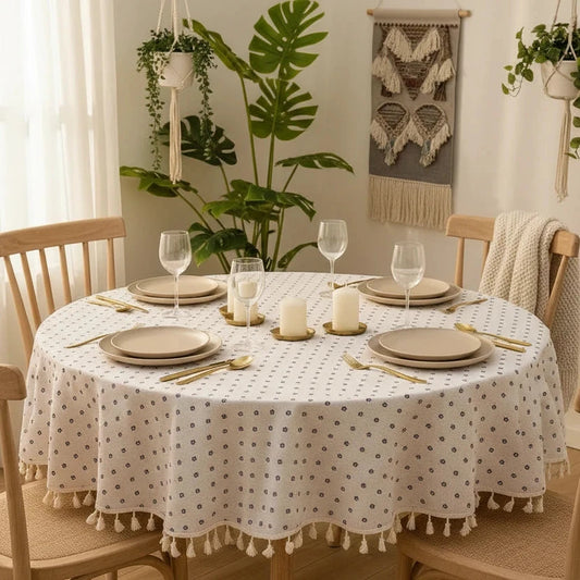 Sylvia-Nappe de table ronde à fleurs bleues ou beige – Élégance naturelle