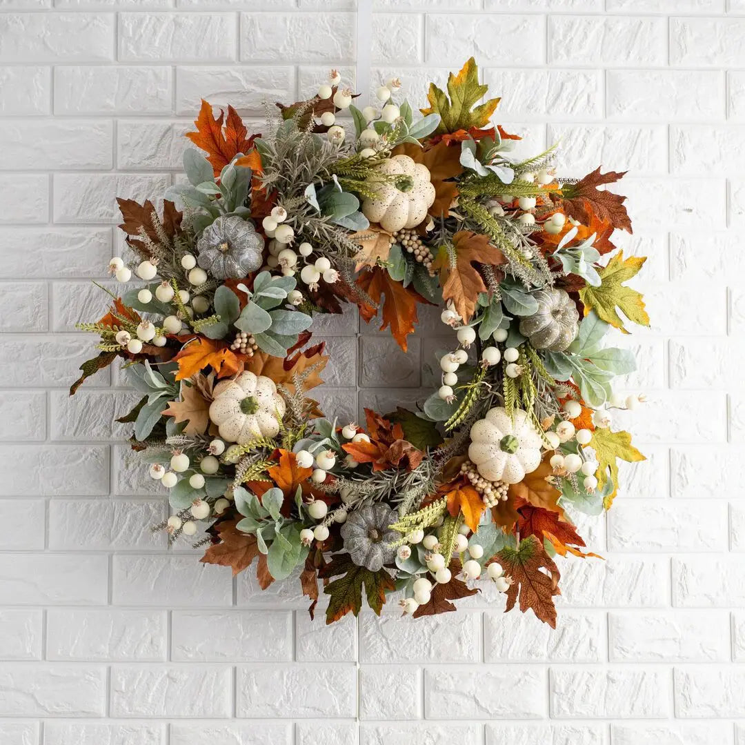 Couronne d’automne décorative – Citrouilles et feuillage aux tons chaleureux