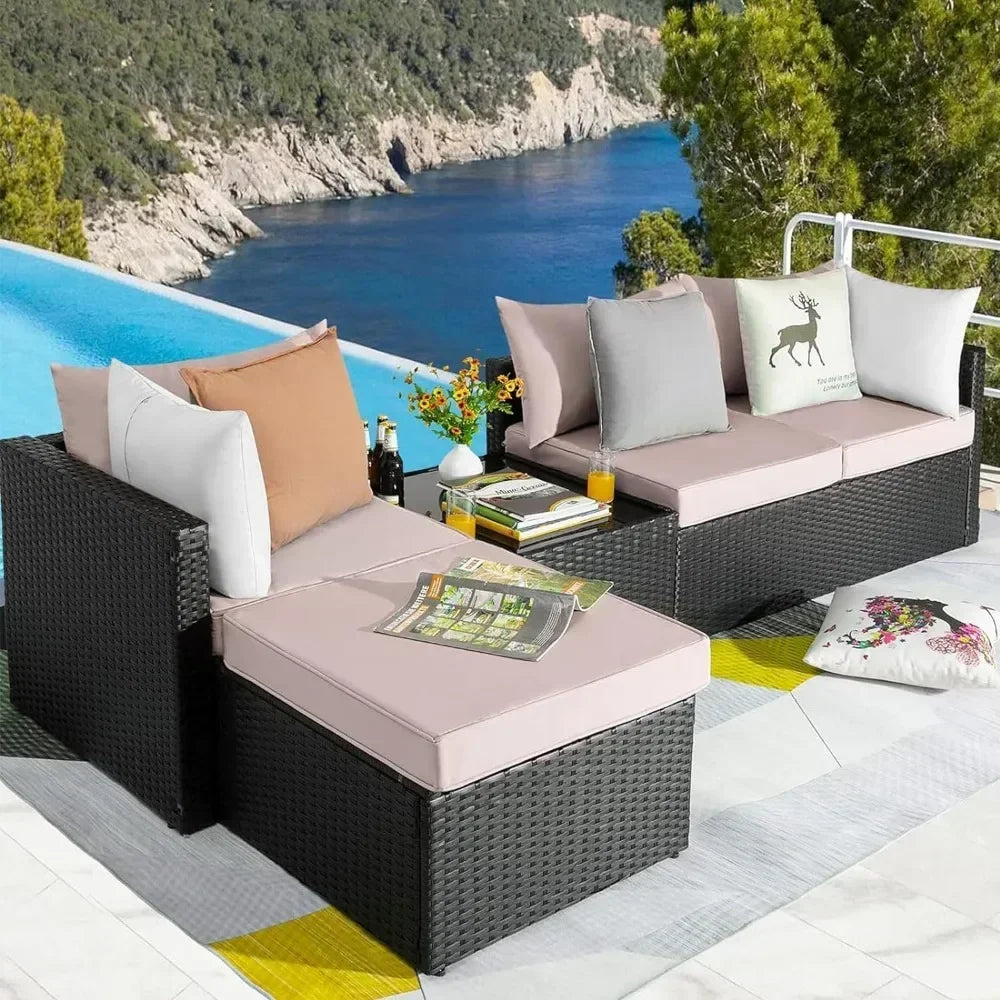 Caraïbes-Canapé d’extérieur modulable avec table basse en verre résine tressée
