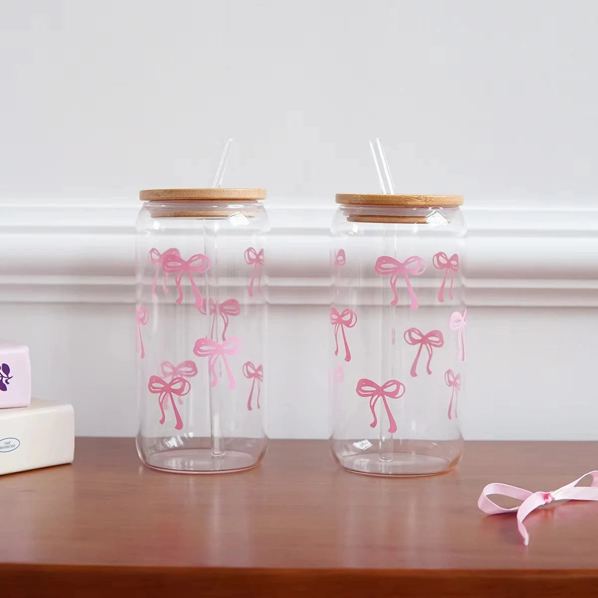 Girly-Verre transparent avec couvercle en bambou, paille et nœuds roses – 1 ou 2 pièces