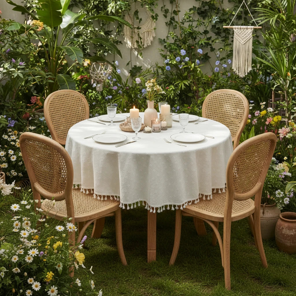 Sylvia-Nappe de table ronde à fleurs bleues ou beige – Élégance naturelle