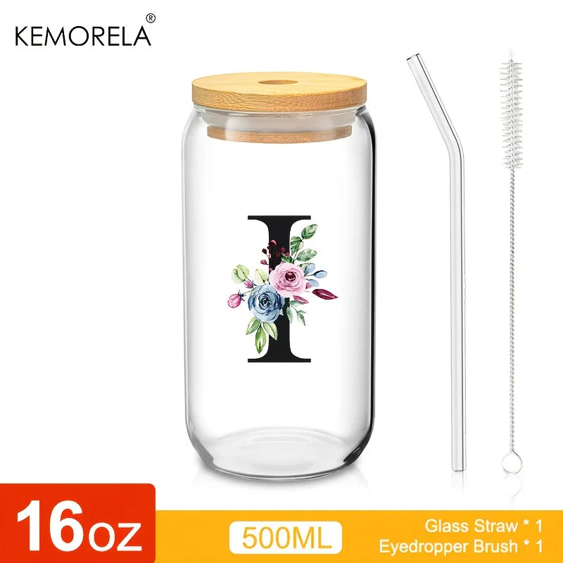 Valou-Verre transparent avec lettre, couvercle en bambou et paille – 470 ml