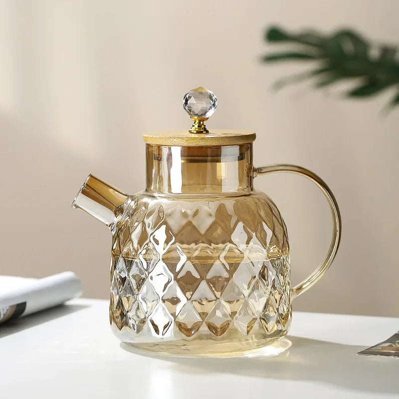 guys-Théière en verre ambré texturé avec couvercle en bambou