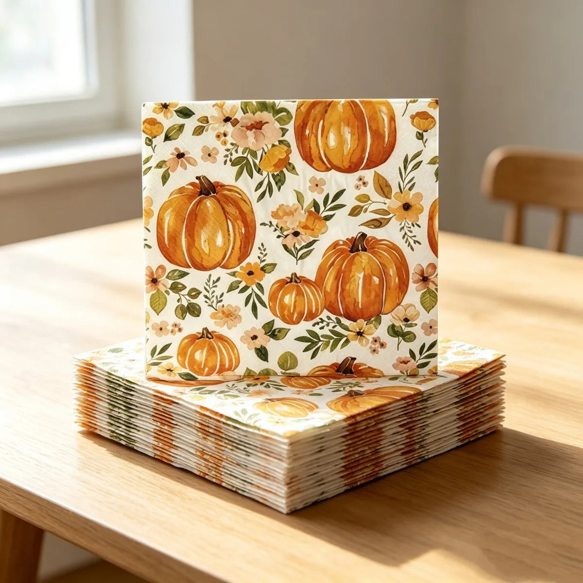 Serviettes automnales aquarelle – Citrouilles & fleurs