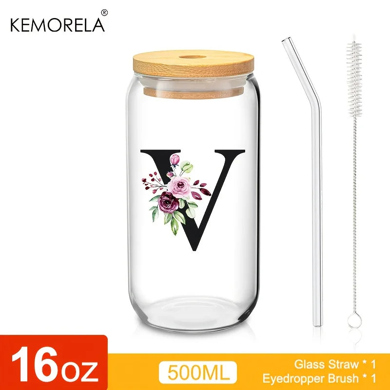 Valou-Verre transparent avec lettre, couvercle en bambou et paille – 470 ml
