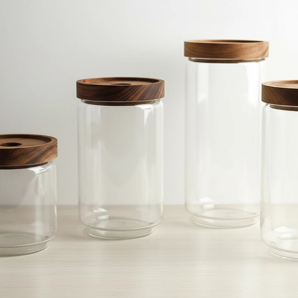 Bocaux en verre hermétiques avec couvercle bois – Rangement élégant