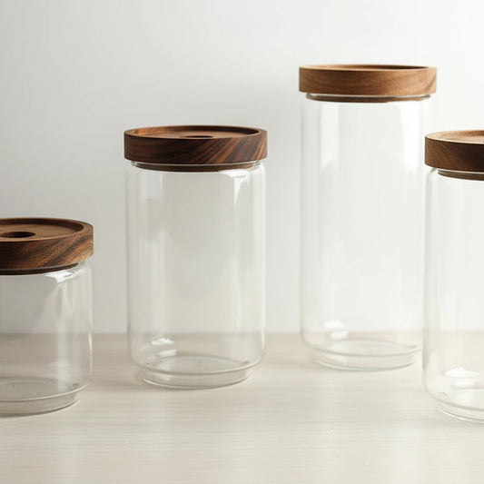 Bocaux en verre hermétiques avec couvercle bois – Rangement élégant