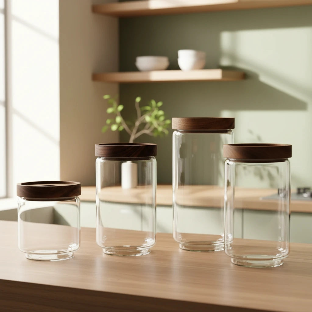 Bocaux en verre hermétiques avec couvercle bois – Rangement élégant