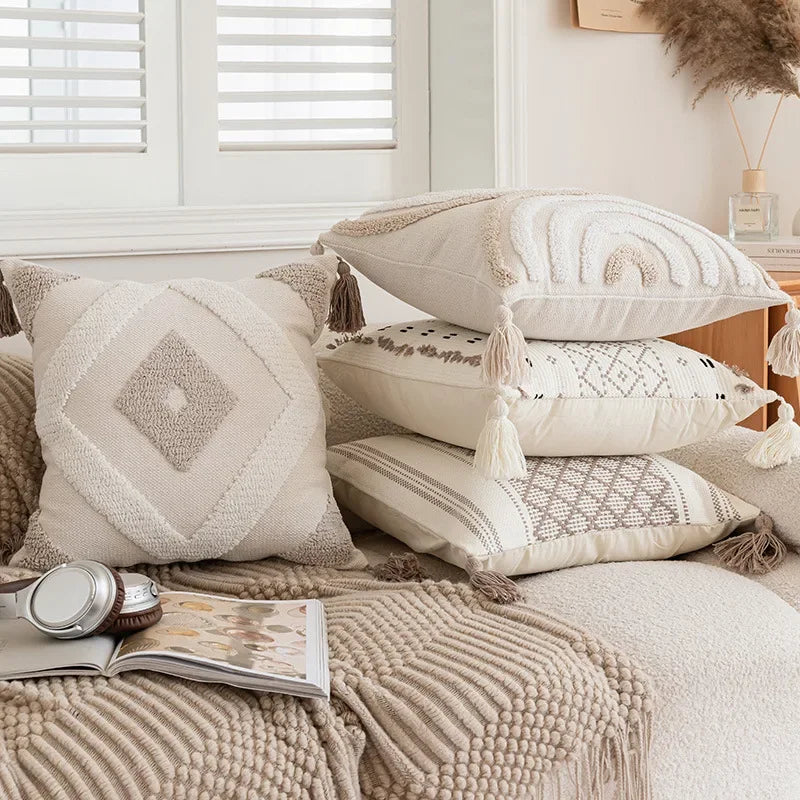 West-Housse de coussin beige à boucles, motif géométrique semi-circulaire, brodée et crochetée, pour canapé