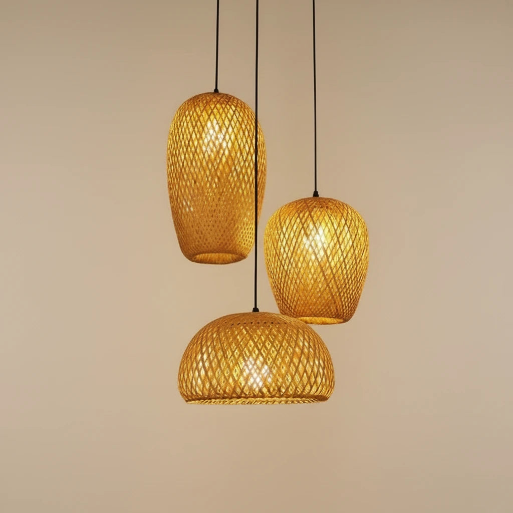 Ibiza-Suspension triple en bambou tressé – Luminaire naturel style Japandi