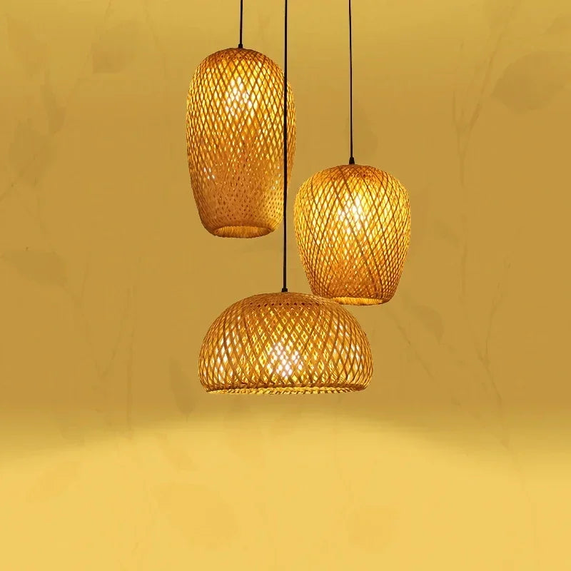Ibiza-Suspension triple en bambou tressé – Luminaire naturel style Japandi