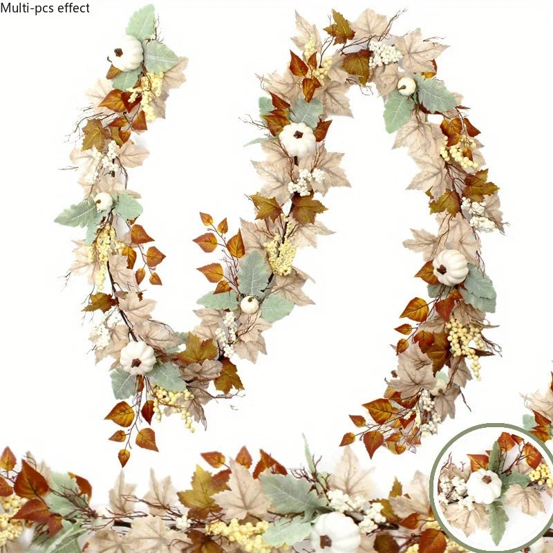 Guirlande d’automne artificielle – Feuilles d’érable, baies et citrouilles
