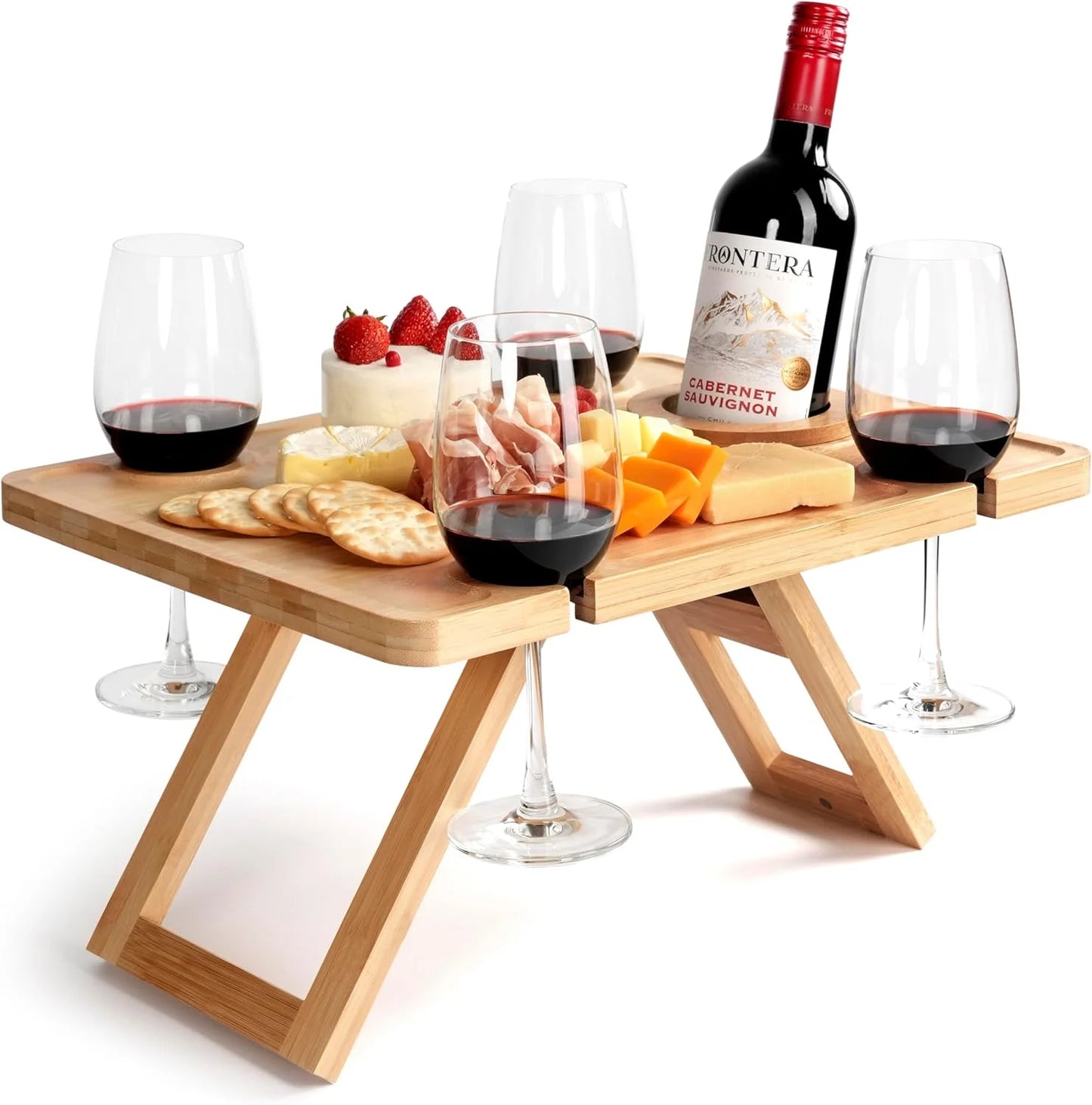 Elly-Plateau apéritif en bois avec encoches pour verres et bouteille – présentation élégante