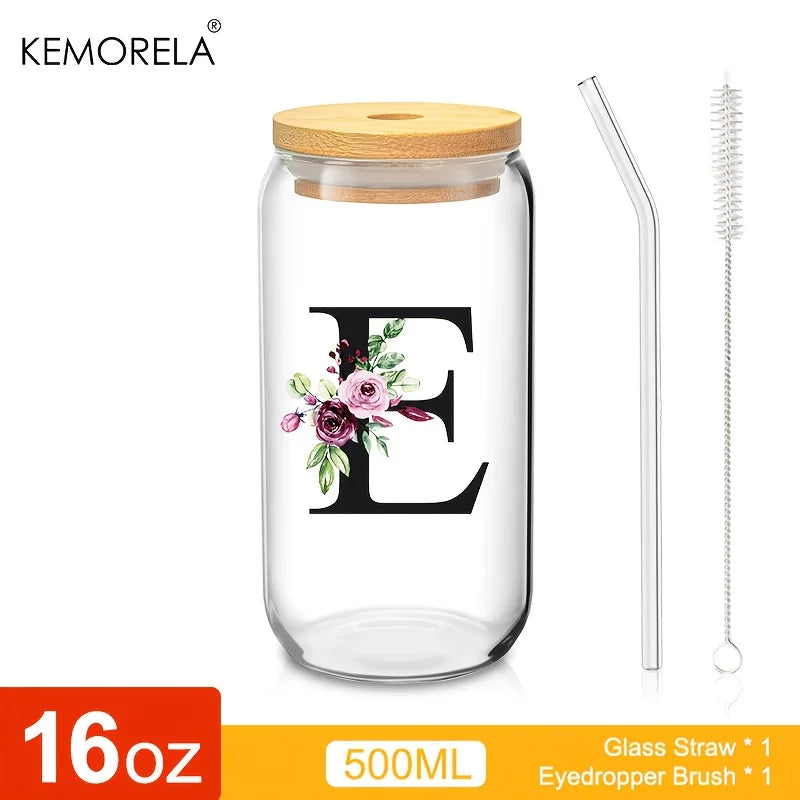 Valou-Verre transparent avec lettre, couvercle en bambou et paille – 470 ml