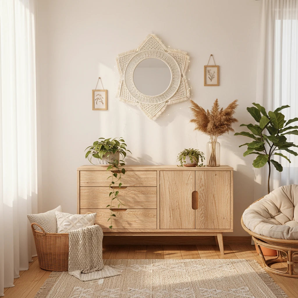 Ava-Miroir mural bohème en macramé – décoration murale ronde