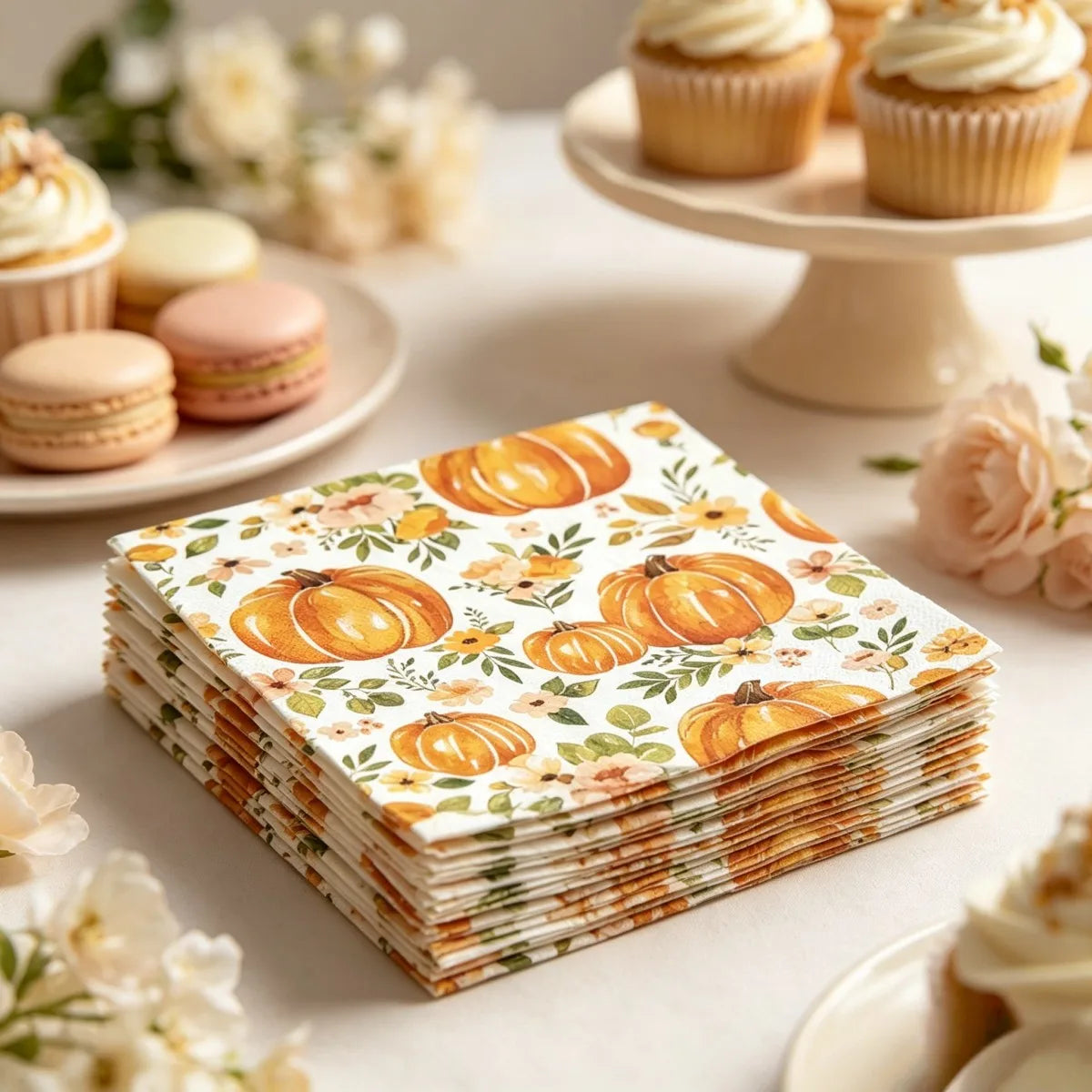 Serviettes automnales aquarelle – Citrouilles & fleurs