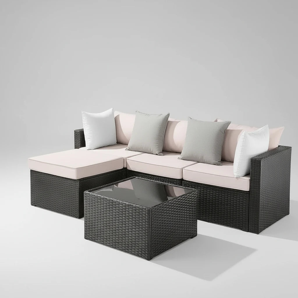 Caraïbes-Canapé d’extérieur modulable avec table basse en verre résine tressée
