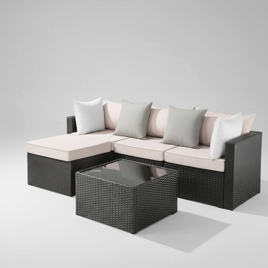 Caraïbes-Canapé d’extérieur modulable avec table basse en verre résine tressée