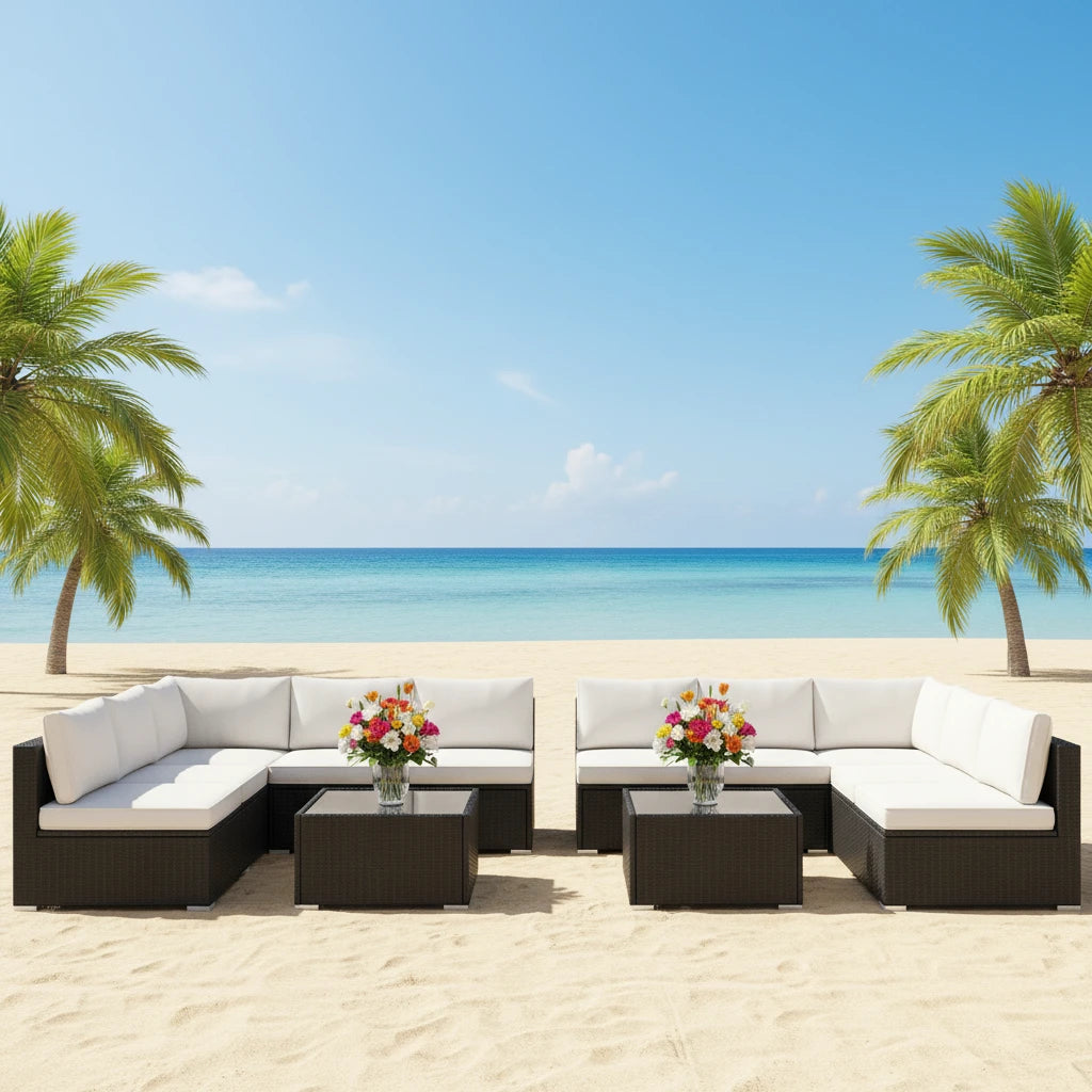 Caraïbes-Canapé d’extérieur modulable avec table basse en verre résine tressée