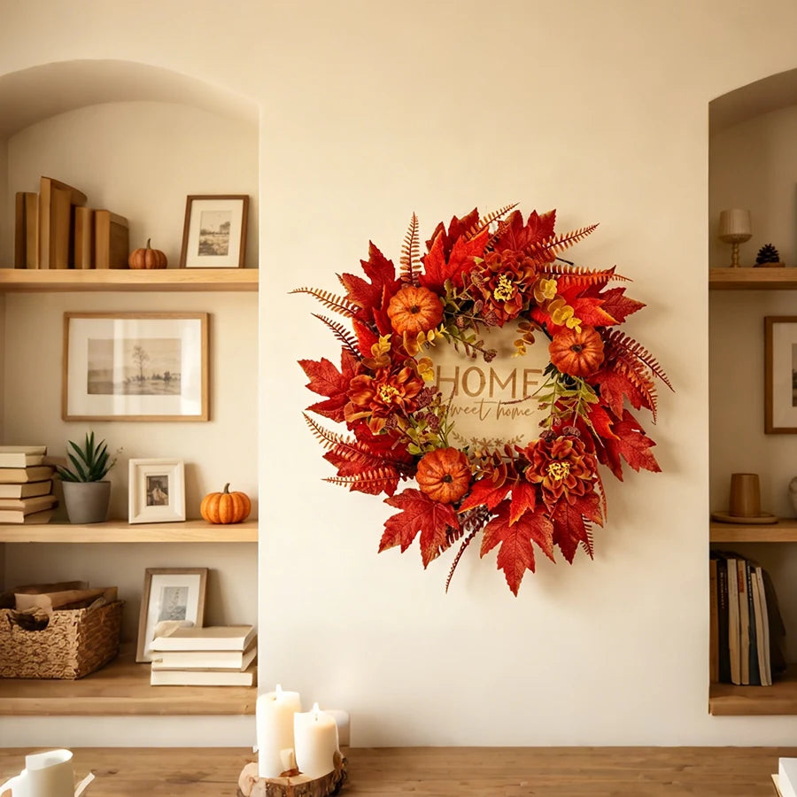 Couronne d’Automne 50 cm – Feuilles d’Érable et Citrouilles