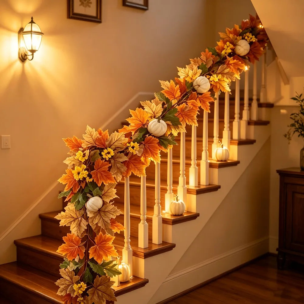 Guirlande automnale avec citrouilles et feuilles d’érable