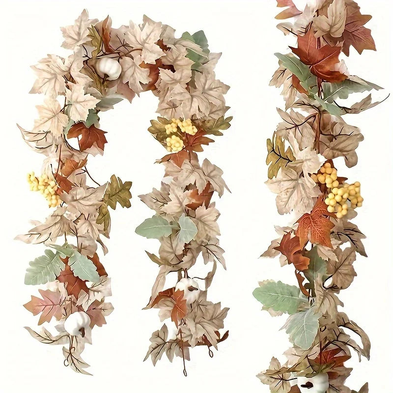 Guirlande d’automne artificielle – Feuilles d’érable, baies et citrouilles