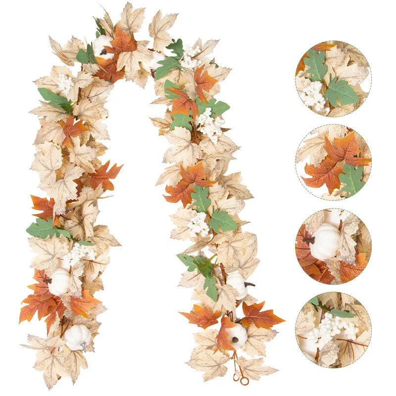Guirlande d’automne artificielle – Feuilles d’érable, baies et citrouilles