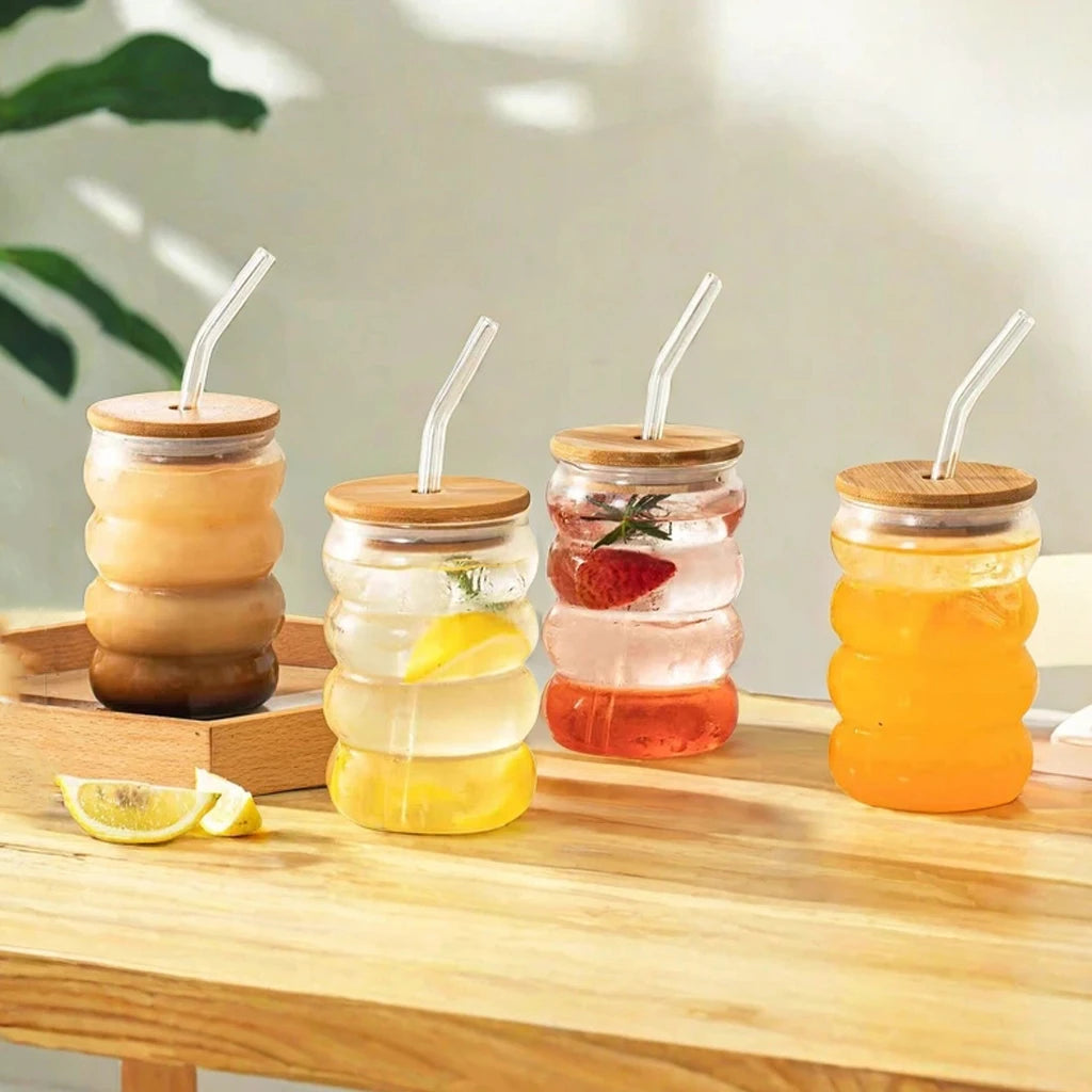 Vague-Verre ondulé avec couvercle, paille et goupillon – Lot de 2 ou 4 pièces