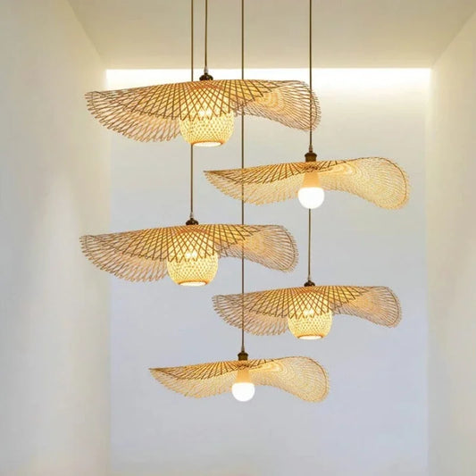 Japandi-Suspension design en fibres naturelles – Luminaire décoratif ajouré