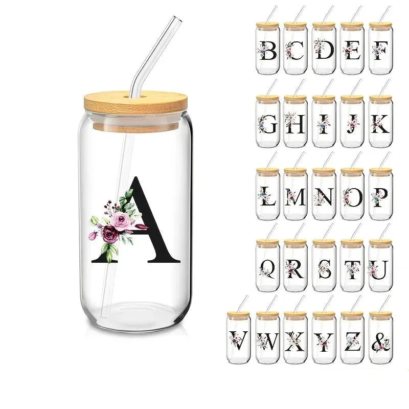 Valou-Verre transparent avec lettre, couvercle en bambou et paille – 470 ml