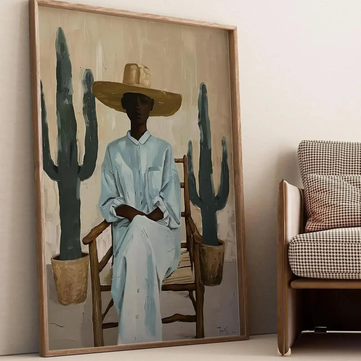 Affiche décorative esprit bohème désert, femme et cactus