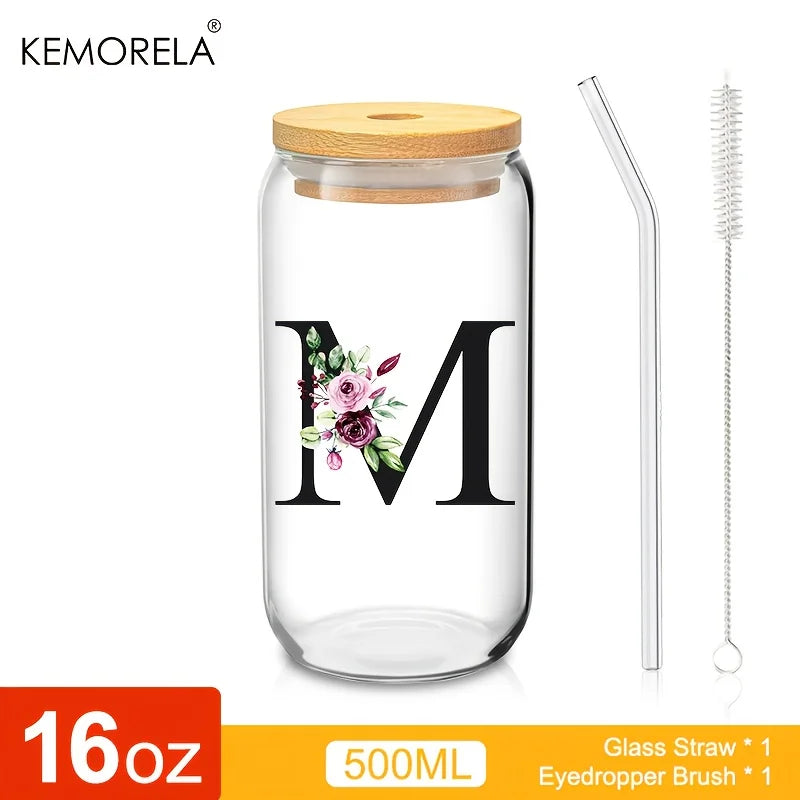 Valou-Verre transparent avec lettre, couvercle en bambou et paille – 470 ml