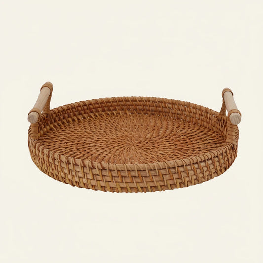 Coffee Table Decorative Tray Traditional Design Round Serving Tray with Solid Wood Handle Hand Woven Large Capacity for Home