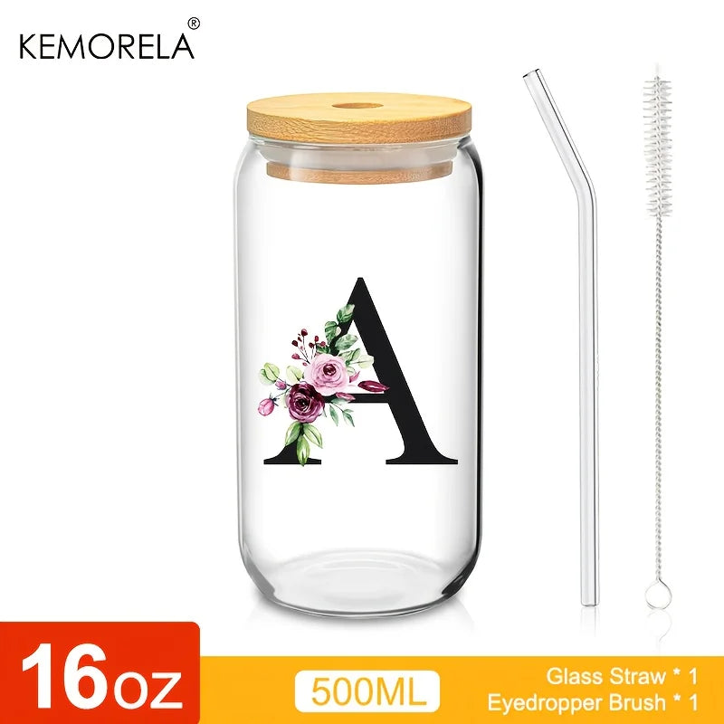 Valou-Verre transparent avec lettre, couvercle en bambou et paille – 470 ml