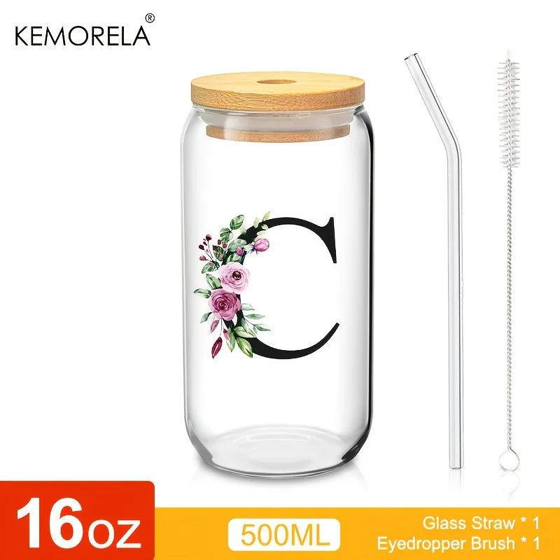 Valou-Verre transparent avec lettre, couvercle en bambou et paille – 470 ml