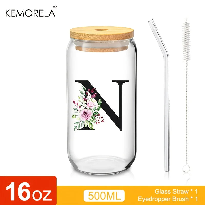 Valou-Verre transparent avec lettre, couvercle en bambou et paille – 470 ml