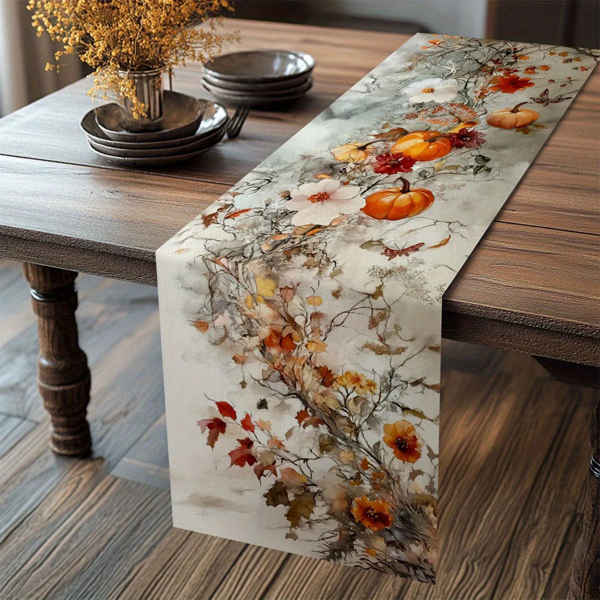 Chemin de table automnal – Citrouilles & fleurs aquarelle